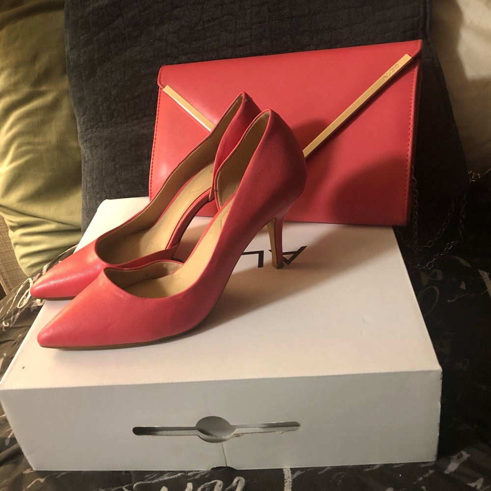 Aldo hot pink heels with matching clutch.